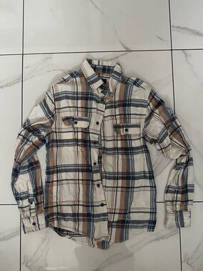 George Plaid Button-Up Shirt in Navy, Brown, Cream